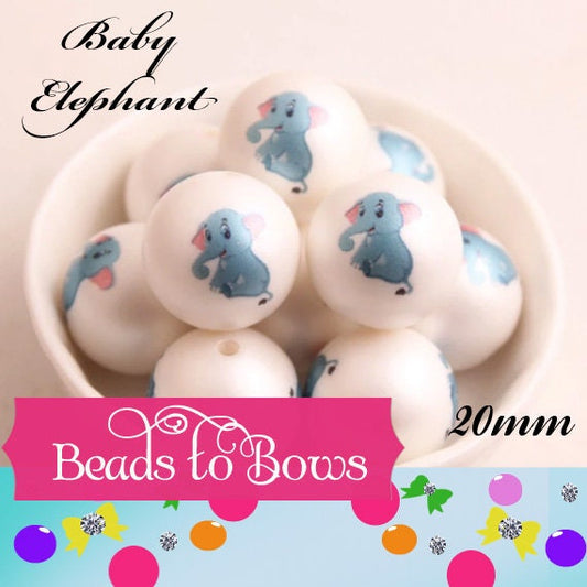 NEW 20mm Baby  Elephant Printed On Matte White Beads, Printed Bubblegum Elephant Bead, Adorable Baby Elephant Printed Beads