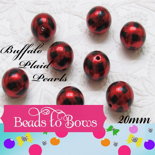 Sale 20mm Red Buffalo Plaid Pearl Bubblegum Beads, Chunky Pearl Print Beads, Acrylic Bubblegum Pearl Bead,