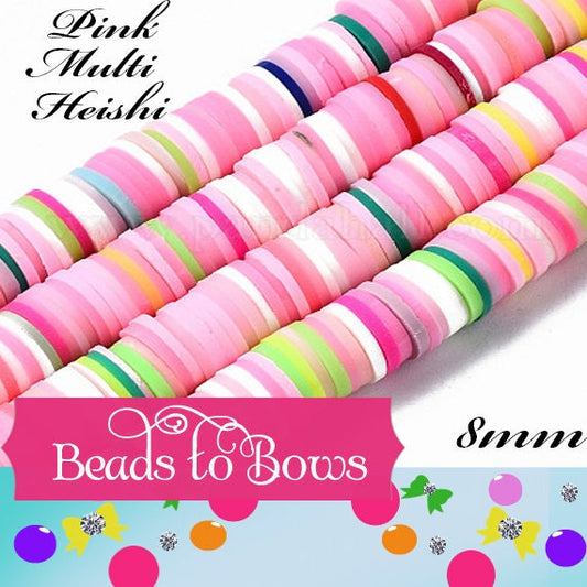 8mm Pink Multi Heishi Bead Strands, Flat Round Polymer Clay Beads, Disc Heishi Beads, LIght Weight, Hawiian Earring Beads, Bracelets