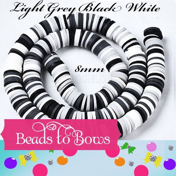 8mm Grey, Black, White Heishi Bead Strands, Flat Round Polymer