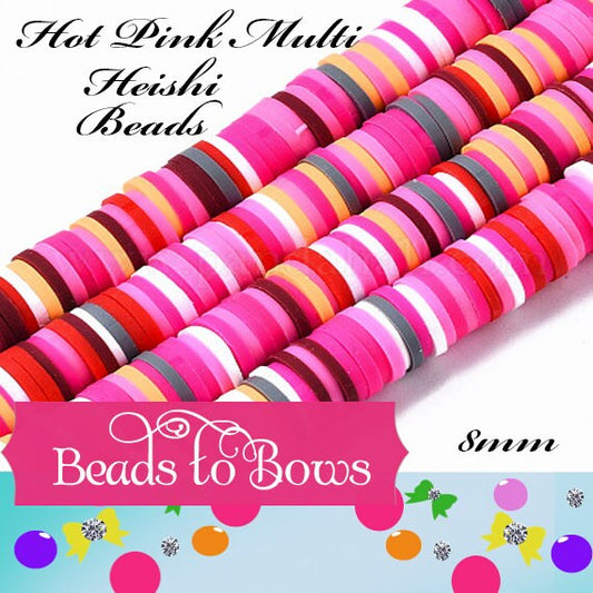 8mm Hot Pink Multi Heishi Bead Strands, Flat Round Polymer Clay Beads, Disc Heishi Beads, LIght Weight, Hawiian Earring Beads, Bracelets