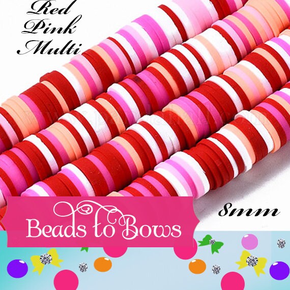 8mm Red Pink Multi Heishi Bead Strands, Flat Round Polymer Clay Beads, Disc Heishi Beads, LIght Weight, Hawiian Earring Beads, Bracelets