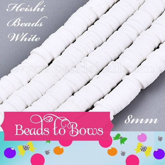 8mm White Heishi Bead Strands, Flat Round Polymer Clay Beads, Disc Heishi Beads, LIght Weight, Hawiian Earring Beads, Bracelets