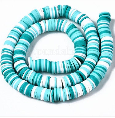 8mm Blue Green & White Heishi Bead Strands, Flat Round Polymer Clay Beads, Disc Heishi Beads, LIght Weight, Hawiian Earring Beads, Bracelets