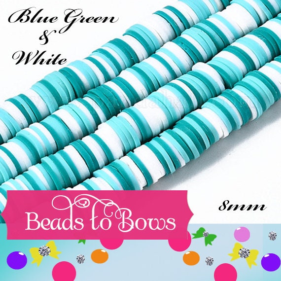 8mm Blue Green & White Heishi Bead Strands, Flat Round Polymer Clay Beads, Disc Heishi Beads, LIght Weight, Hawiian Earring Beads, Bracelets