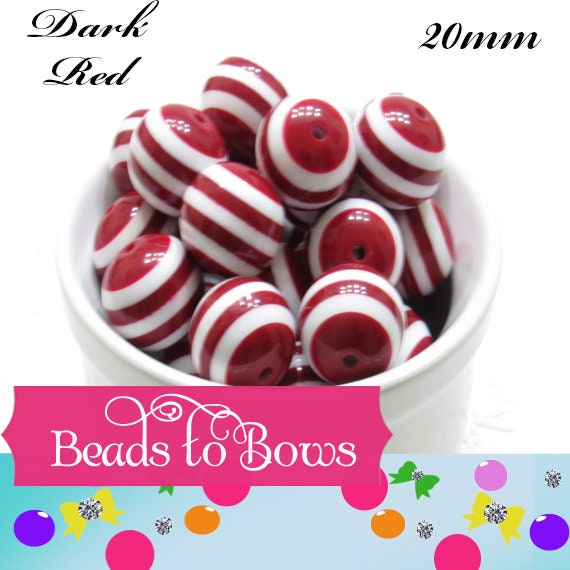 20mm Dark Red Striped Bubblegum Beads, Gum Ball Beads, Striped Acrylic Beads, Round Bubble Gum Beads, Striped Beads, Dark Red Striped Beads