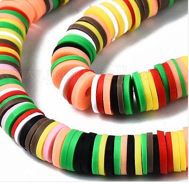 8mm Circus Heishi Bead Strands, Flat Round Polymer Clay Beads, Disc Heishi Beads, LIght Weight, Hawiian Earring Beads, Bracelets