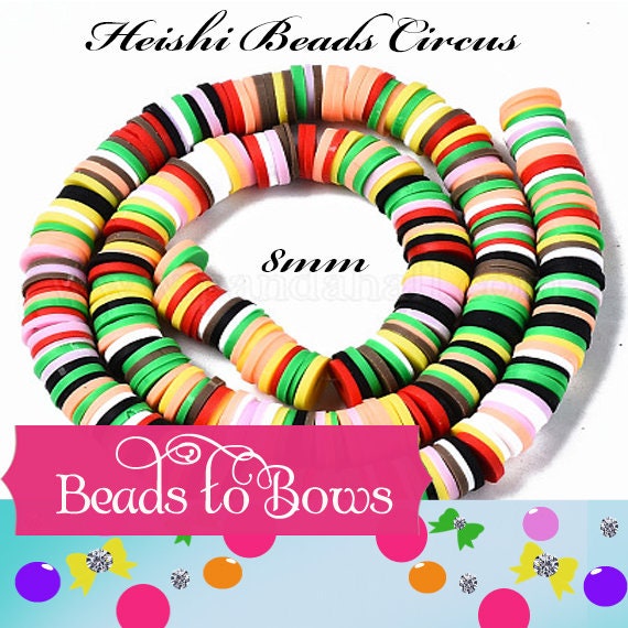 8mm Circus Heishi Bead Strands, Flat Round Polymer Clay Beads, Disc Heishi Beads, LIght Weight, Hawiian Earring Beads, Bracelets