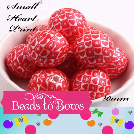 20mm Tiny red heart Printed Bubblegum Beads, Chunky Bubble gum