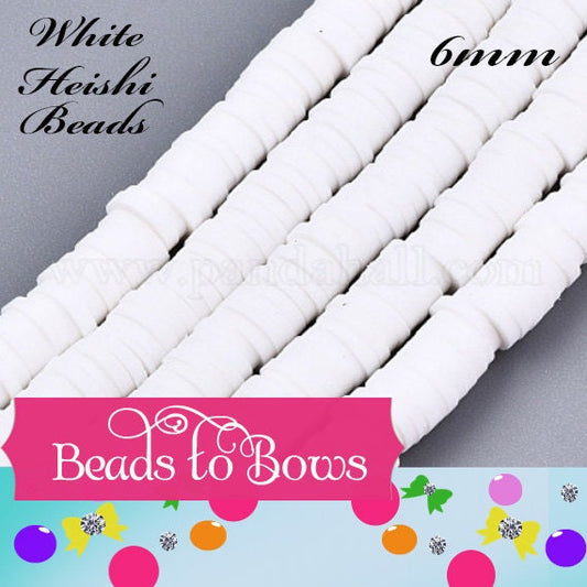 Sale 6mm White Heishi Bead Strands, 380 to 400 Flat Round Polymer Clay Beads, Disc Heishi Beads, LIght Weight, Bracelets