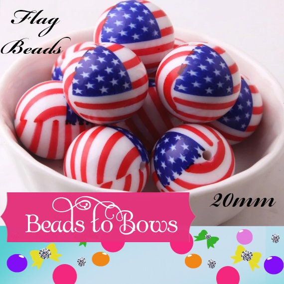 B Grade Flag Beads 20mm Red White Blue USA Flag  Bubblegum  Beads, July 4th. Beads, Chunky Gumball Beads, Bubblegum Necklace Bead Supply,