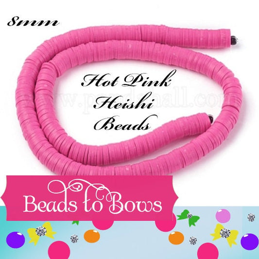 Sale 8mm Hot Pink Heishi Bead Strands, Flat Round Polymer Clay Beads, 380 to 400 Disc Heishi Beads, Light Weight, Bracelets