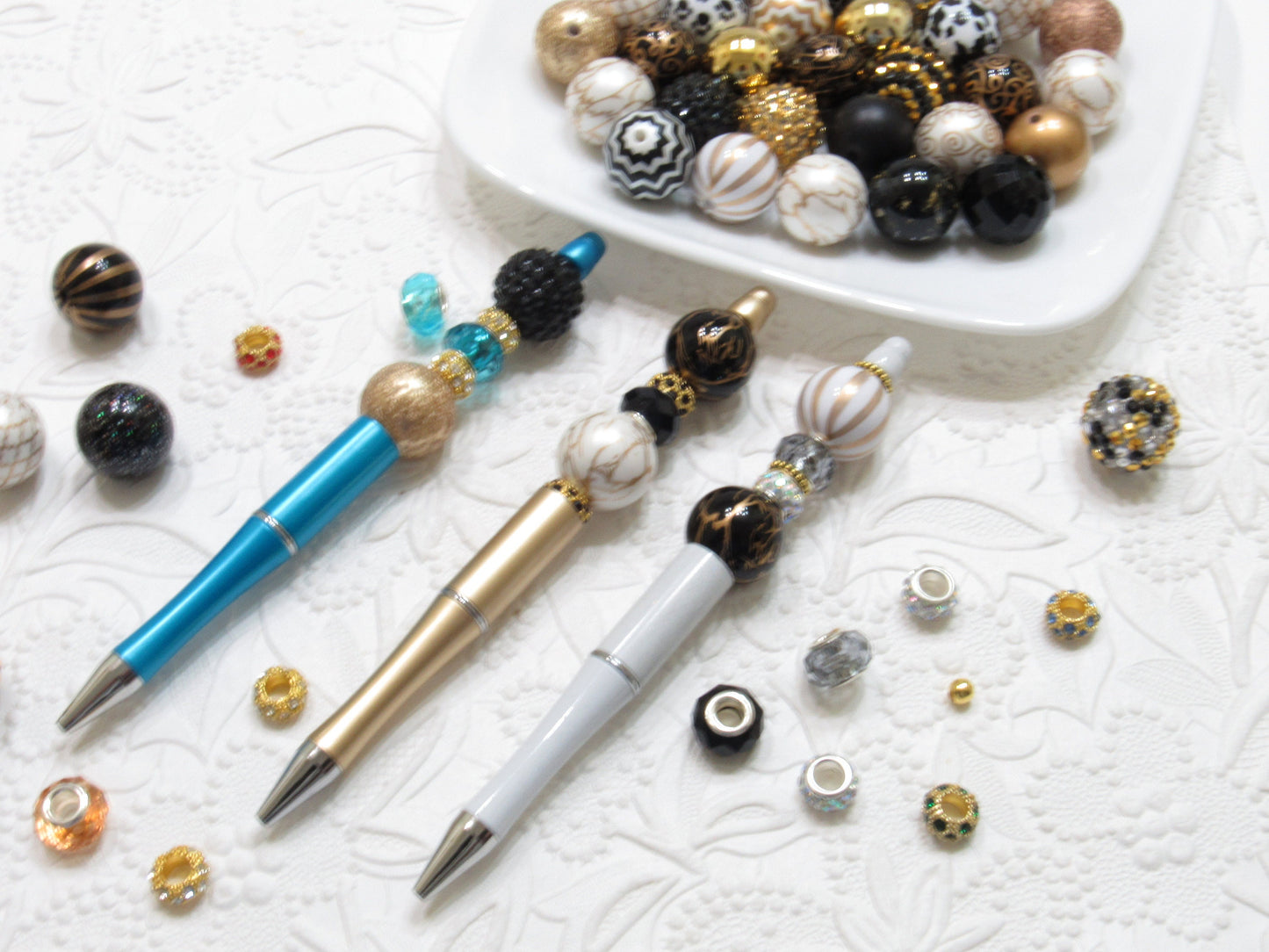 White Beadable Pens, Bubblegum Beadable Pen, White Gold Blue Pen Blanks,  Beadable Pen, DIY Plastic Beadable Pens, Black Ink