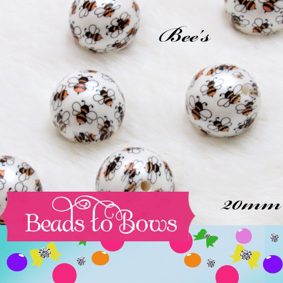 NEW 20mm Printed Bumble Bee's On Matte White Bubblegum Pearls, Bumble Bee's Printed On Bubblegum Beads, Round Matte Pearls