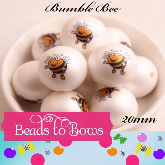 NEW 20mm Baby Bumble Bee's On Matte White Bubblegum Pearls, Baby Bumble Bee's Printed On Bubblegum Beads, Round Matte Pearls