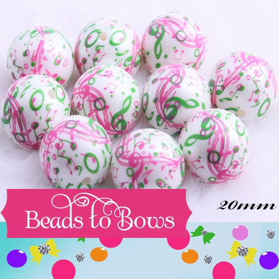 New 20mm Musical Score Symbol Bubblegum Beads On Matte White Pearls, Beadable Pen Bead, DIY Beadable Pen Bead