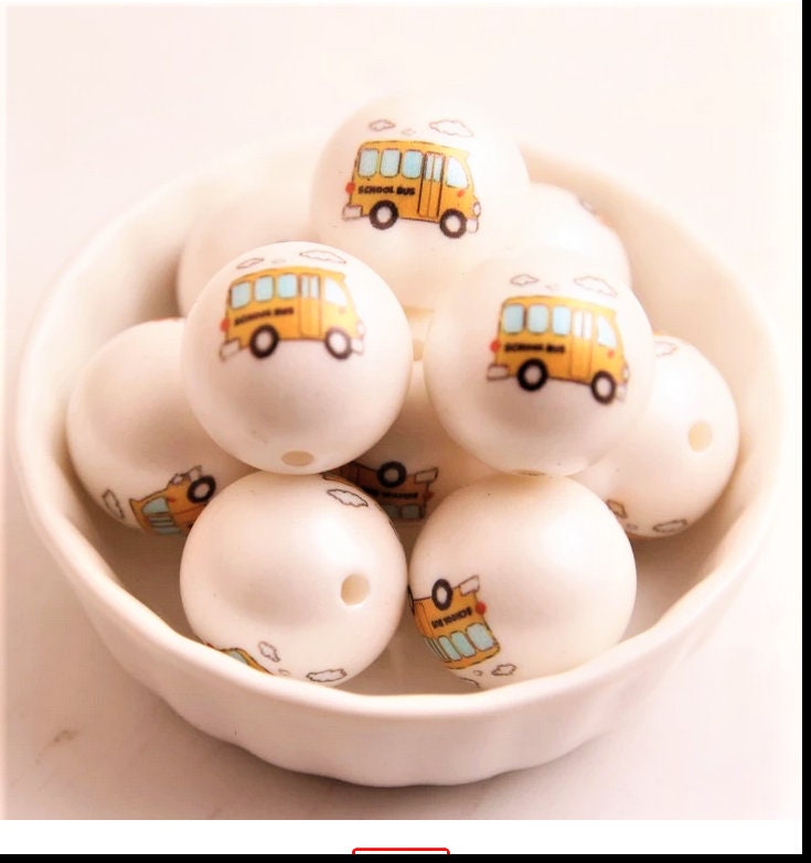 NEW 20mm Double Printed School Bus On Matte White Bubblegum Pearls, Yellow School Bus Printed On Bubblegum Beads, Round Matte Pearls