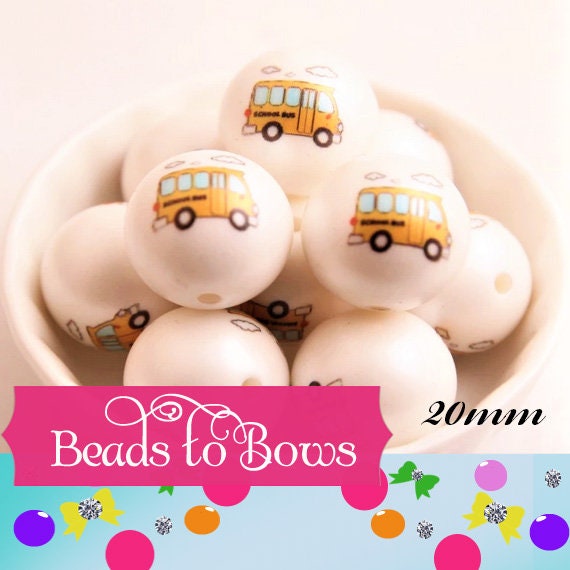 NEW 20mm Double Printed School Bus On Matte White Bubblegum Pearls, Yellow School Bus Printed On Bubblegum Beads, Round Matte Pearls