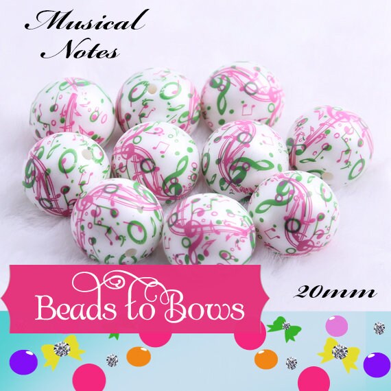 New 20mm Musical Score Symbol Bubblegum Beads On Matte White Pearls, Beadable Pen Bead, DIY Beadable Pen Bead