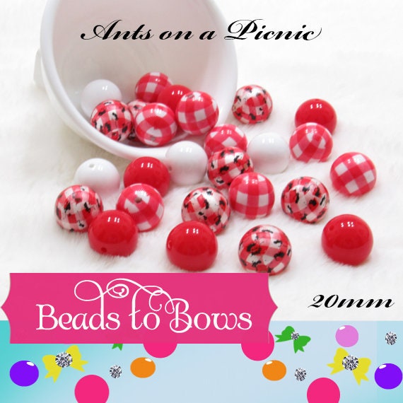 NEW 20mm Ants on a Picnic Red and White Checked Bubblegum Beads, Gingham Checked Ant Bead, Bubblegum Beads, Round Acrylic Beads