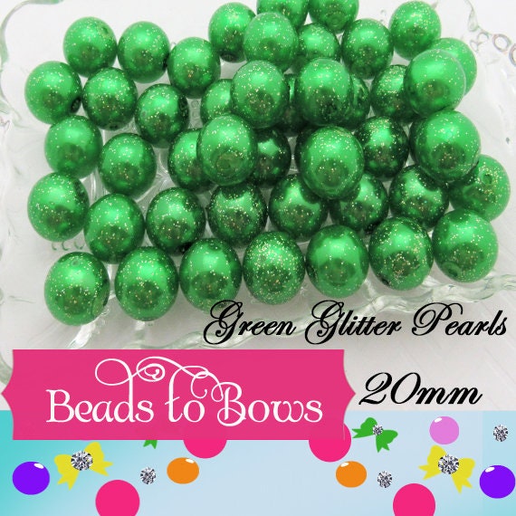 20mm Green Glitter Pearls, Chunky Bubblegum Pearls, Glitter Beads, Chunky Beads, Faux Pearl Beads, Chunky Bead Supply, Glitter Pearls