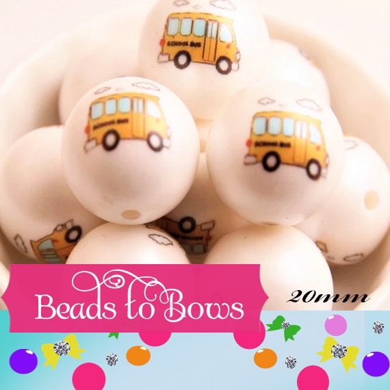 NEW 20mm Double Printed School Bus On Matte White Bubblegum Pearls, Yellow School Bus Printed On Bubblegum Beads, Round Matte Pearls