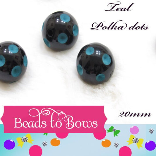 20mm Black With Teal Polka Dot Beads, Bubblegum Beads, Polka Dot Beads,  Chunky Acrylic Dotted Beads, Chunk Necklace Supply Bead