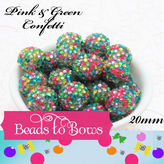 20mm Rhinestone Bubblegum Beads Pink Green Yellow Turquoise Confetti Beads, Bubble Beads, Beadable Pen Beads, Rhinestone Bead Bubble Gumball