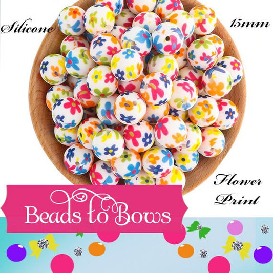 15mm Flower Print  Silicone Beads, Baby Teething Beads, Beads For Wristlet Key Chain, Food Grade Beads