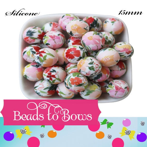 15mm Poppie Fields Silicone Beads, Baby Teething Beads, Beads For Wristlet Key Chain, Food Grade Beads