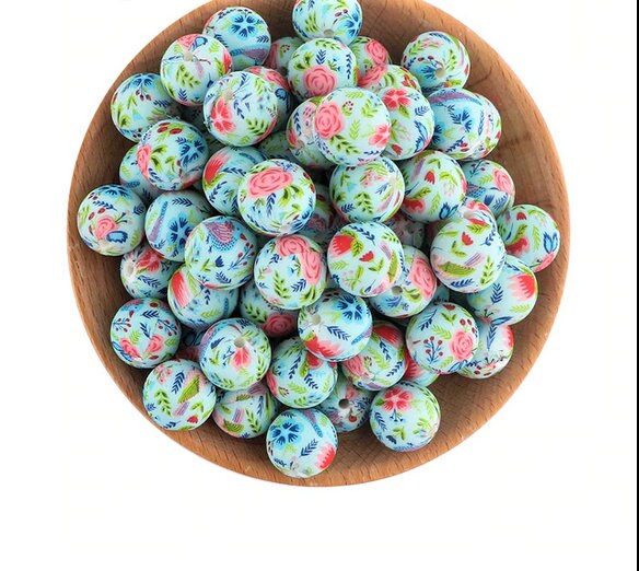 15mm Floral Print  Silicone Beads, Baby Teething Beads, Beads For Wristlet Key Chain, Food Grade Beads