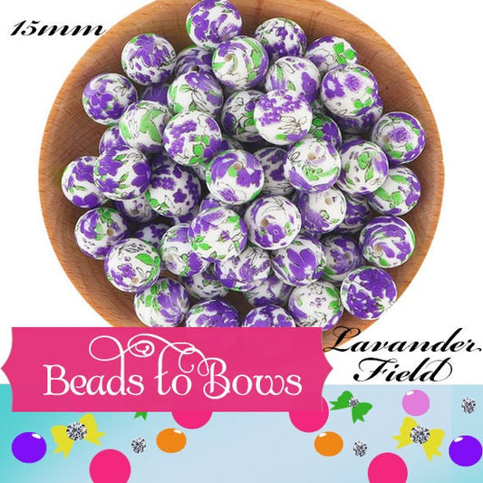 15mm Lavender Field Print Silicone Bead, Printed Silicone Beads, Teething Beads, Food Grade Silicon Beads, Key Chain Silicone Beads