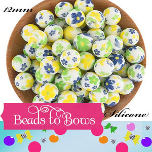 15mm Forget Me Not Flower Print Silicone Beads, Baby Teething