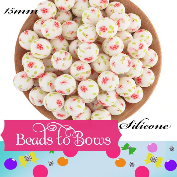 15mm Tiny Rose Colored Flower Print  Silicone Bead, Spring Silicone Print Teething Beads, Food Grade Silicon Beads, Key Chain Silicone Beads