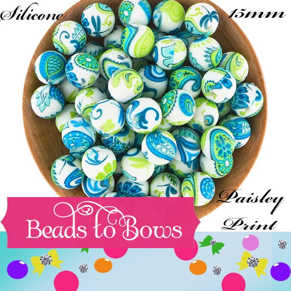 15mm Blue Green Paisley Print Silicone Bead, Printed Silicone Beads, Teething Beads, Food Grade Silicon Beads, Key Chain Silicone Beads