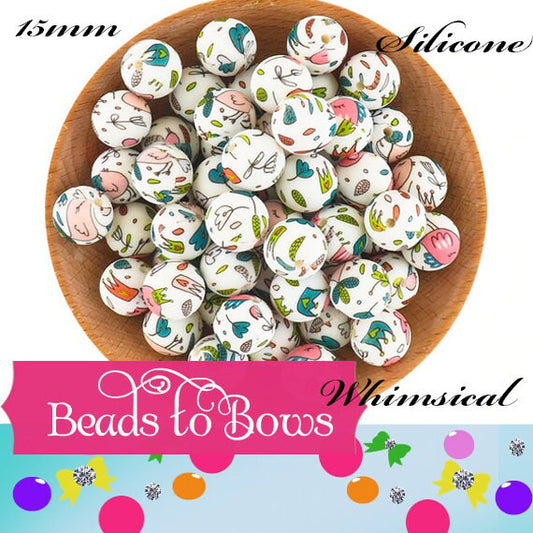 15mm Whimsical Print Silicone Bead, Printed Silicone Beads, Teething Beads, Food Grade Silicon Beads, Key Chain Silicone Beads