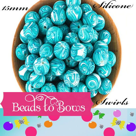 15mm Aqua Swirls Print Silicone Bead, Printed Silicone Beads, Teething Beads, Food Grade Silicon Beads, Key Chain Silicone Beads