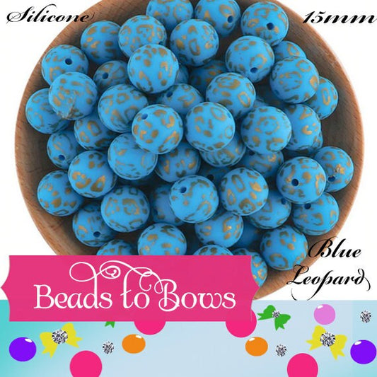 15mm Blue Leopard Print Silicone Bead, Printed Silicone Beads, Teething Beads, Food Grade Silicon Beads, Key Chain Silicone Beads