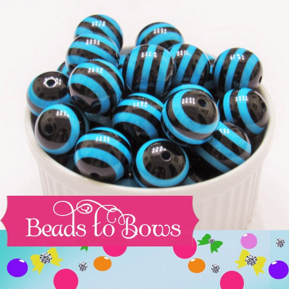 20mm Chunky Black & Blue Green Striped Bubblegum Beads, Striped Gum Ball Bead, Chunky Bubblegum Bead, Chunky necklace Supply Bead Supply