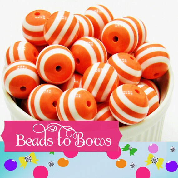 20mm Chunky Orange And White Striped Bubblegum Bead, Gumball Acrylic Striped Gum Ball Bead, Striped Chunky Bubblegum Beads, Bead Supply