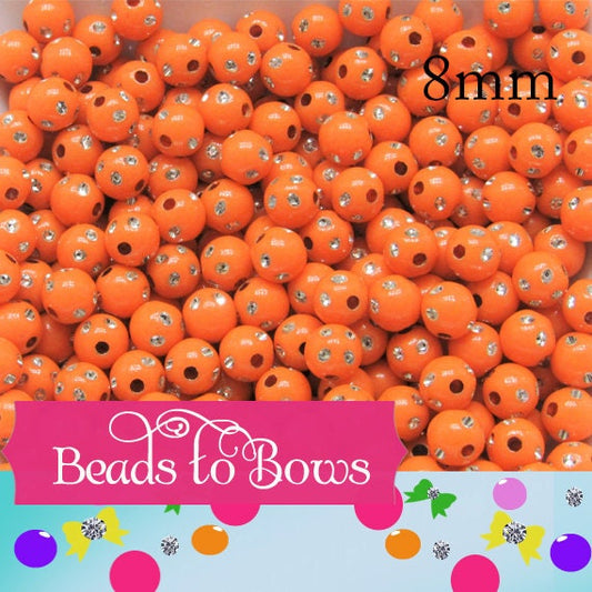 SALE 8mm Orange Rhinestone Bubblegum Beads, Chunky Bubblegum Bead , Gumball Acrylic Beads, Chunky Necklace Supply Bead, Chunky Gumball Beads