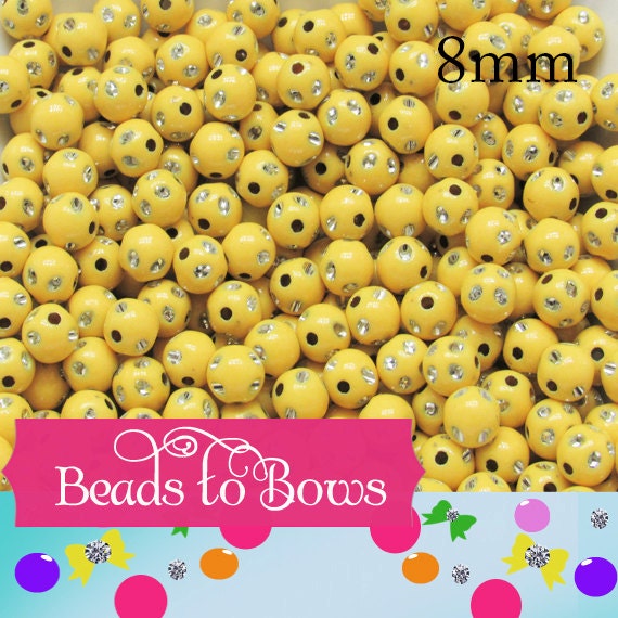 Yellow 8mm Rhinestone Bubblegum Beads, Chunky Bubblegum Beads, Gumball Acrylic Beads, Chunky Necklace Supply Beads, Chunky Gumball Bead