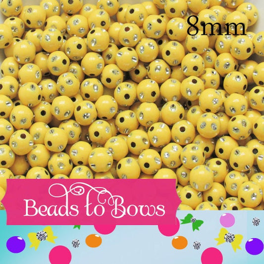 Yellow 8mm Rhinestone Bubblegum Beads, Chunky Bubblegum Beads, Gumball Acrylic Beads, Chunky Necklace Supply Beads, Chunky Gumball Bead