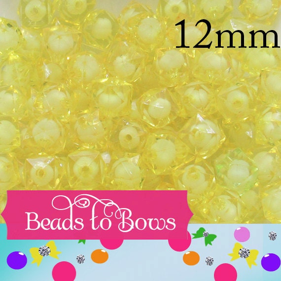 Yellow 12mm Cubed Bubblegum Beads, Chunky Bubblegum Beads, Faceted Bead, Transparent DIY Ice Cube Bead, Kawaii Bead Supply