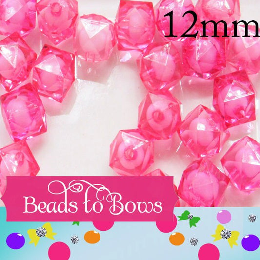 Hot Pink 12mm Cubed Bead in a Bead, Bubblegum Bead, Chunky Bead, Faceted Bead in a Bead, Transparent Ice Cube, Kawaii Bead Supply