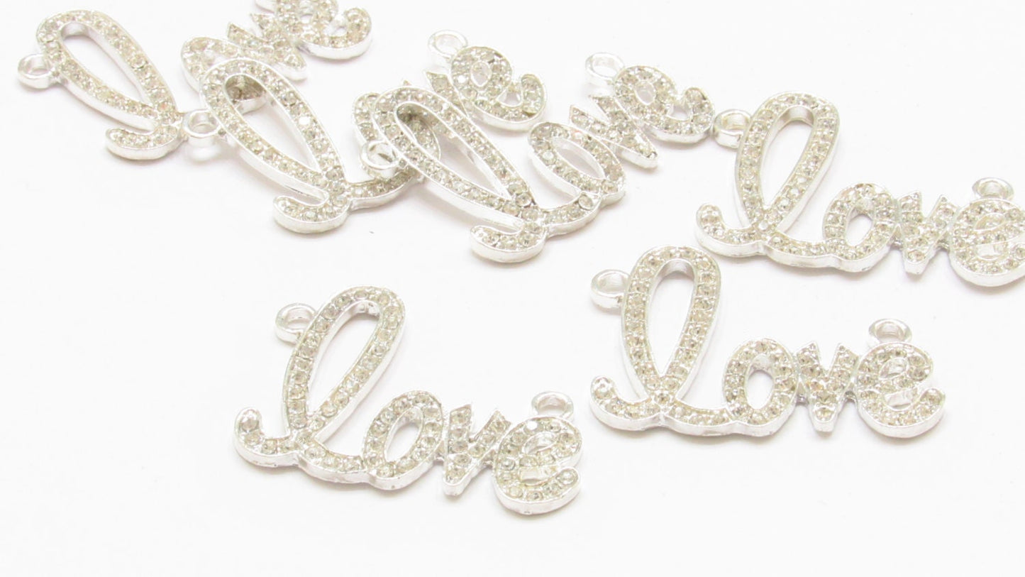 QTY 1 Valentine Love Word in cursive only, Rhinestone and Silver Love written in cursive, Love Charm 23x35 Hole: 2mm just add chain