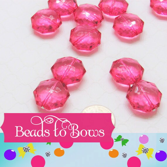 25mm Hot Pink Translucent Bead, Faceted Acrylic Bead, Flat Octogon Beads, Crystal Clear Hot Pink Faceted Bubblegum Bead, Chunky Bead Supply