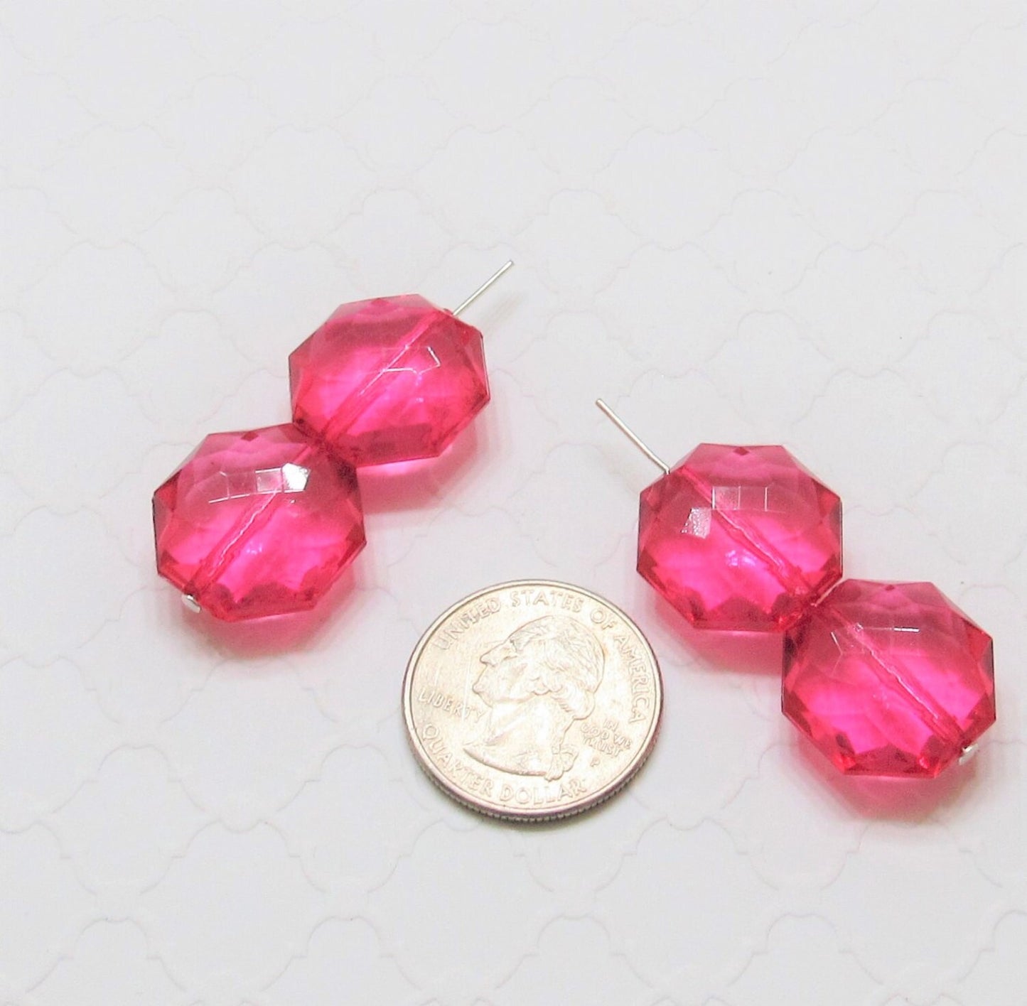 25mm Hot Pink Translucent Bead, Faceted Acrylic Bead, Flat Octogon Beads, Crystal Clear Hot Pink Faceted Bubblegum Bead, Chunky Bead Supply