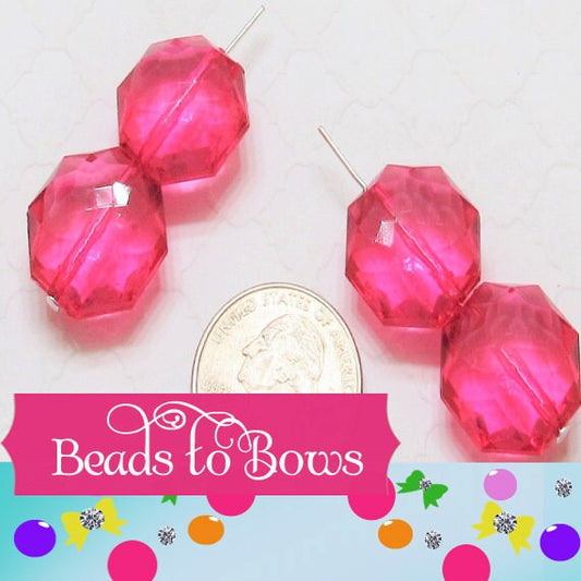 25mm Hot Pink Translucent Bead, Faceted Acrylic Bead, Flat Octogon Beads, Crystal Clear Hot Pink Faceted Bubblegum Bead, Chunky Bead Supply