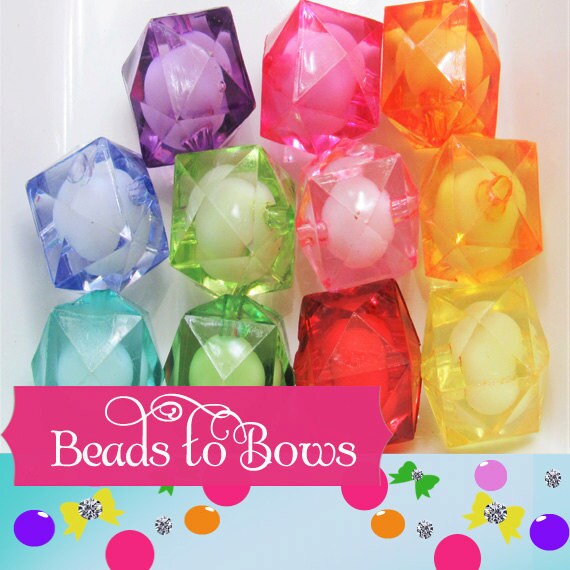 10 or 20 Count Cubed Transparent 20mm Faceted Beads, Bead In A Bead Bubblegum Bead, Chunky Transparent Beads, Chunky Bead Bubblegum Bead